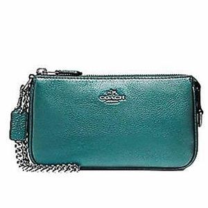 Coach Wristlet Blue Leather Metallic Logo NWT